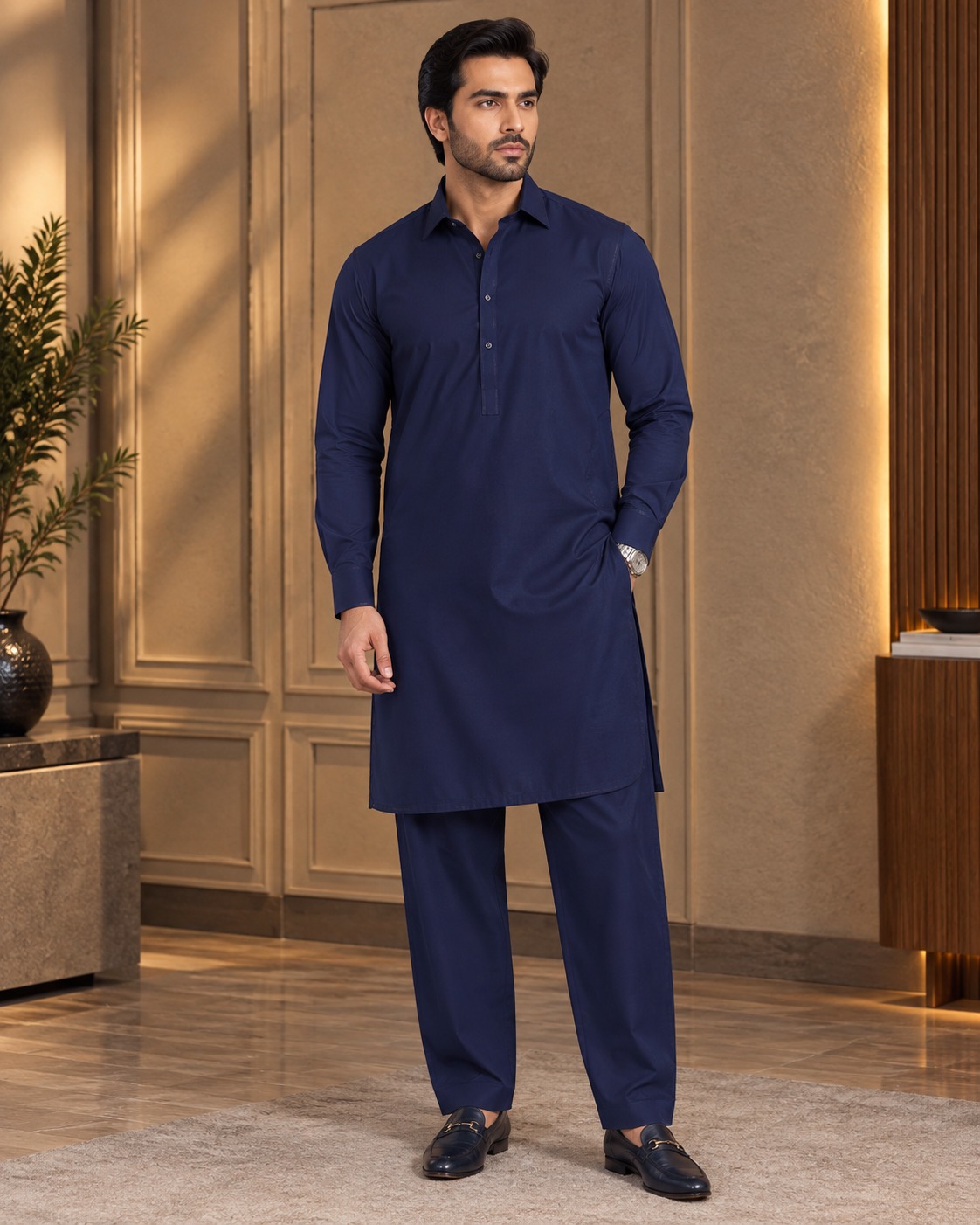 Navy Blue Premium Wash & Wear Unstitched Suit